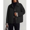 ZESICA Women’s Cropped Trench Coat Plaid Button Front Fall Jacket(Black)