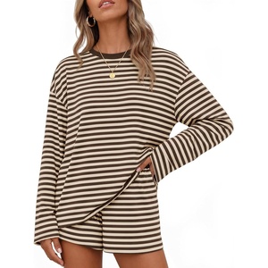 ZESICA Womens 2 Piece Striped Short Sets Fall Lounge Outfit(Apricot)