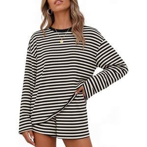 ZESICA Womens 2 Piece Striped Short Sets Fall Lounge Outfit(Black)