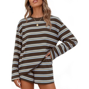 ZESICA Womens 2 Piece Striped Short Sets Fall Lounge Outfit(Darkcoffee)