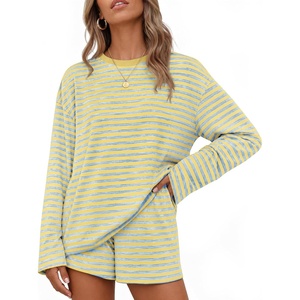 ZESICA Womens 2 Piece Striped Short Sets Fall Lounge Outfit(Jonquil)
