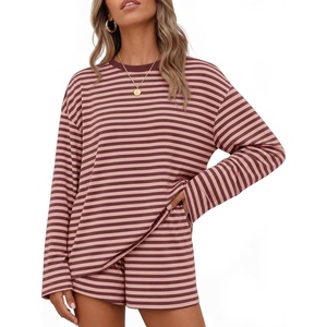 ZESICA Womens 2 Piece Striped Short Sets Fall Lounge Outfit(Pink)