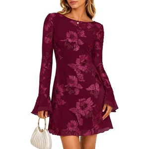 ZESICA Women’s 2026 Fall Floral Wedding Guest Cocktail Mini Dress(Burgundy)