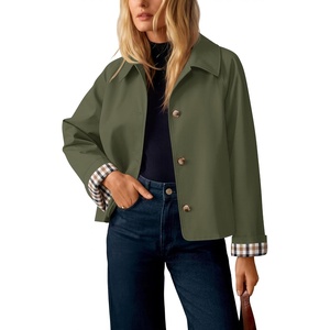 ZESICA Women’s Cropped Trench Coat Plaid Button Front Fall Jacket(Armygreen)