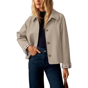 ZESICA Women’s Cropped Trench Coat Plaid Button Front Fall Jacket(Lightbeige)