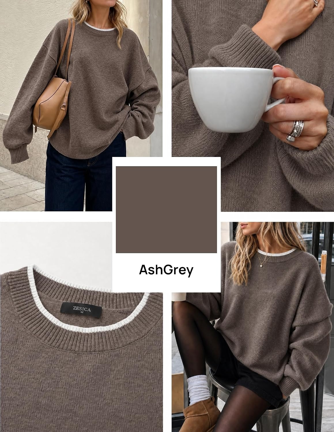 image:imageZESICA Oversized Sweaters for Women 2026 Fall Trendy Pullover TopsAsh Grey