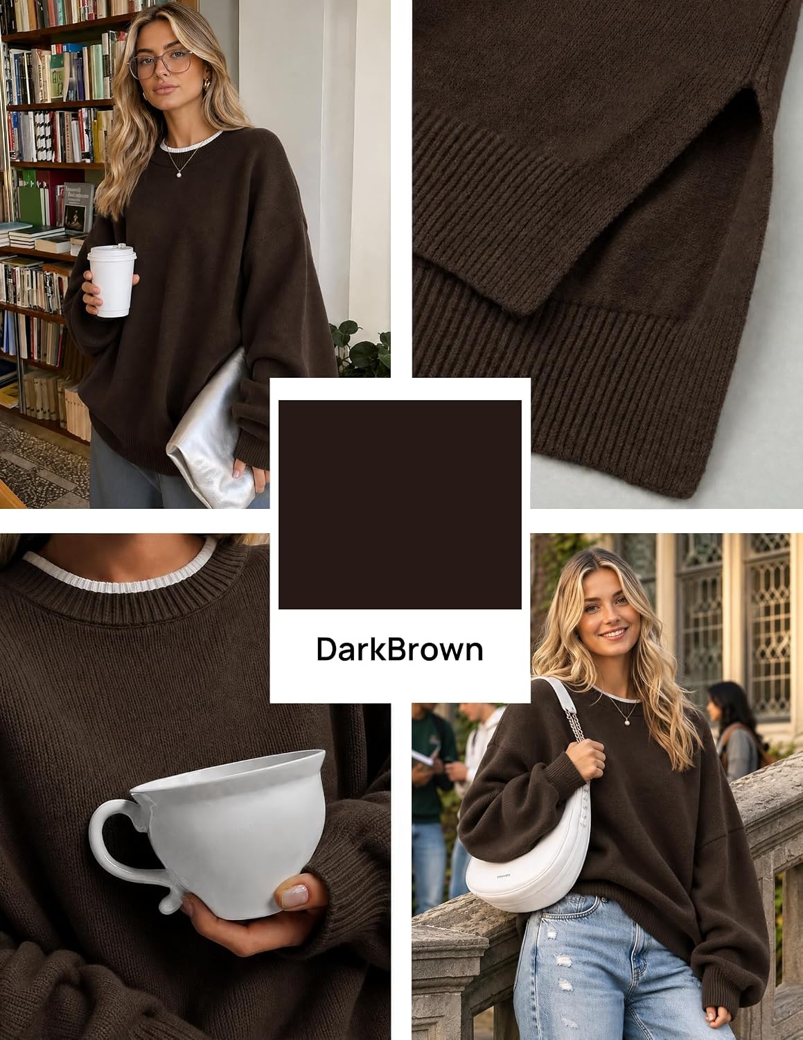 image:imageZESICA Oversized Sweaters for Women 2026 Fall Trendy Pullover TopsDark Brown