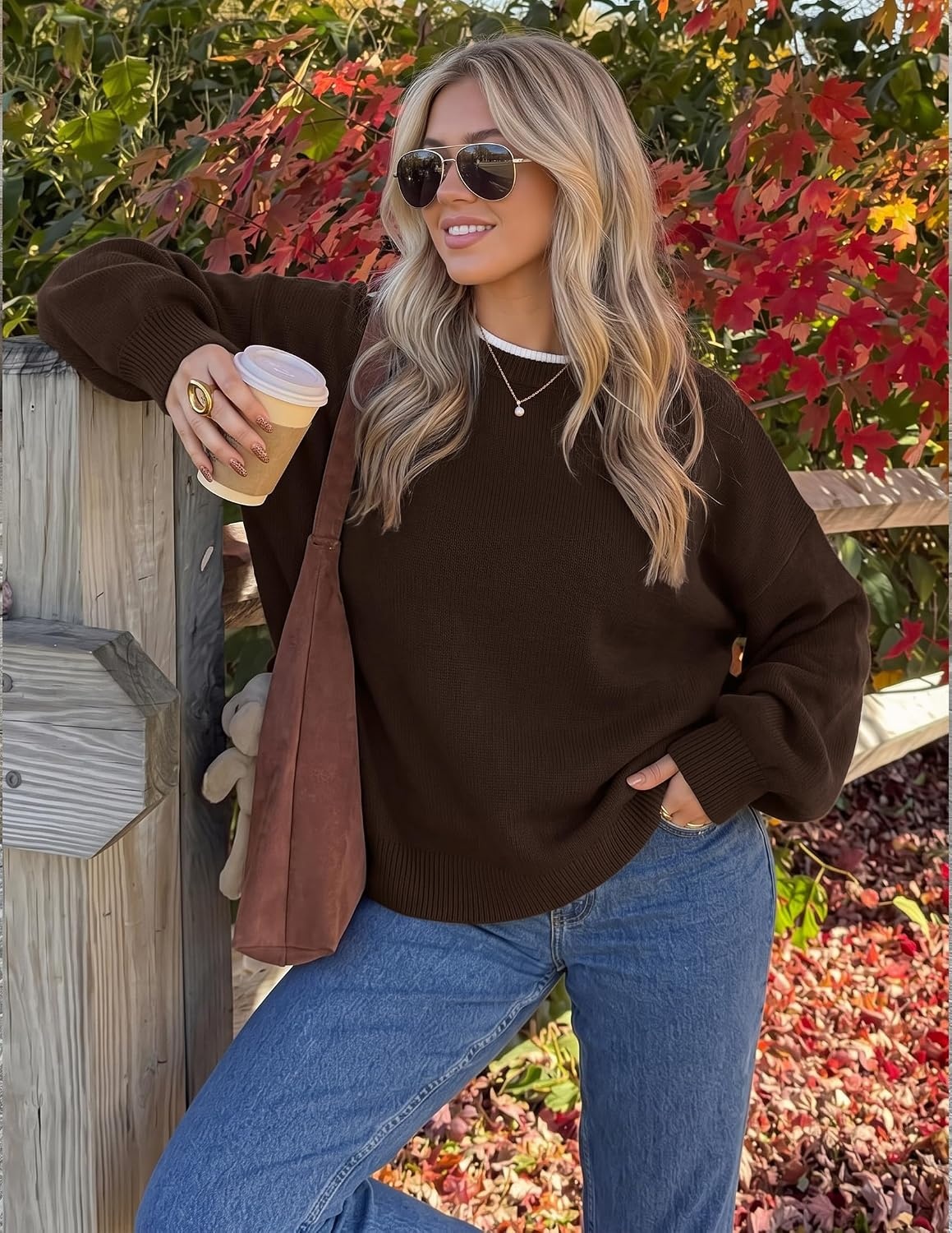 image:imageZESICA Oversized Sweaters for Women 2026 Fall Trendy Pullover TopsDark Brown