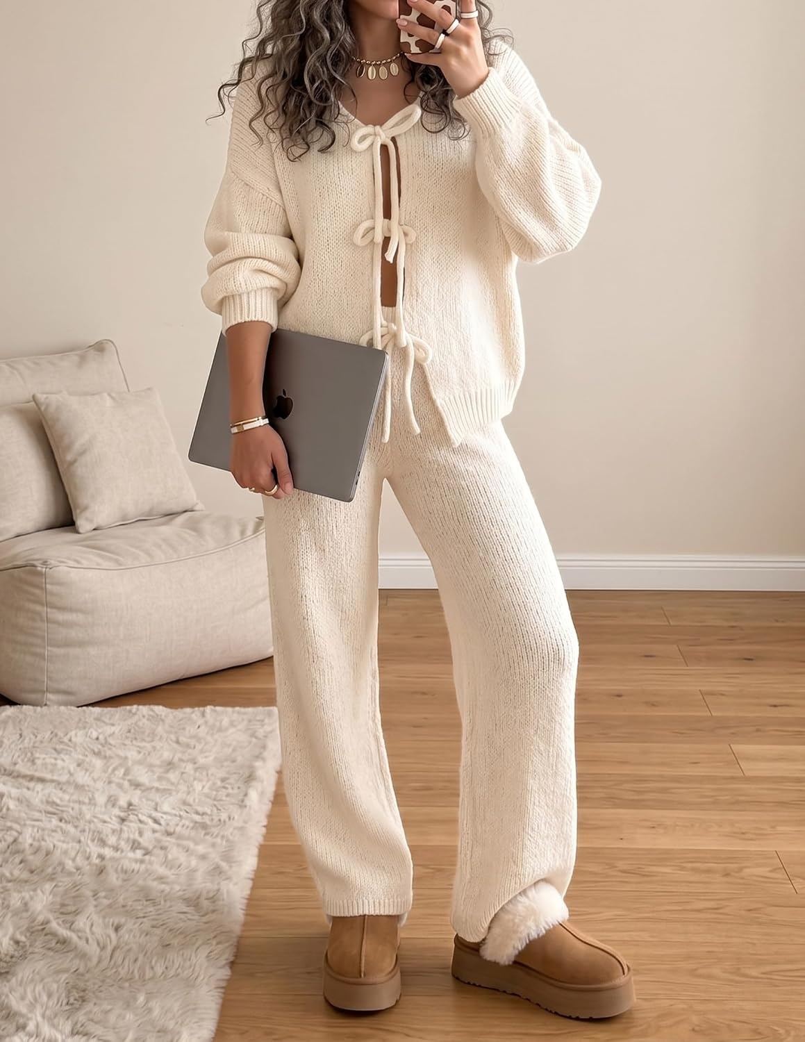 image:imageZESICA Womens 2 Piece Outfits 2026 Fall Lounge Pajama SetsApricot