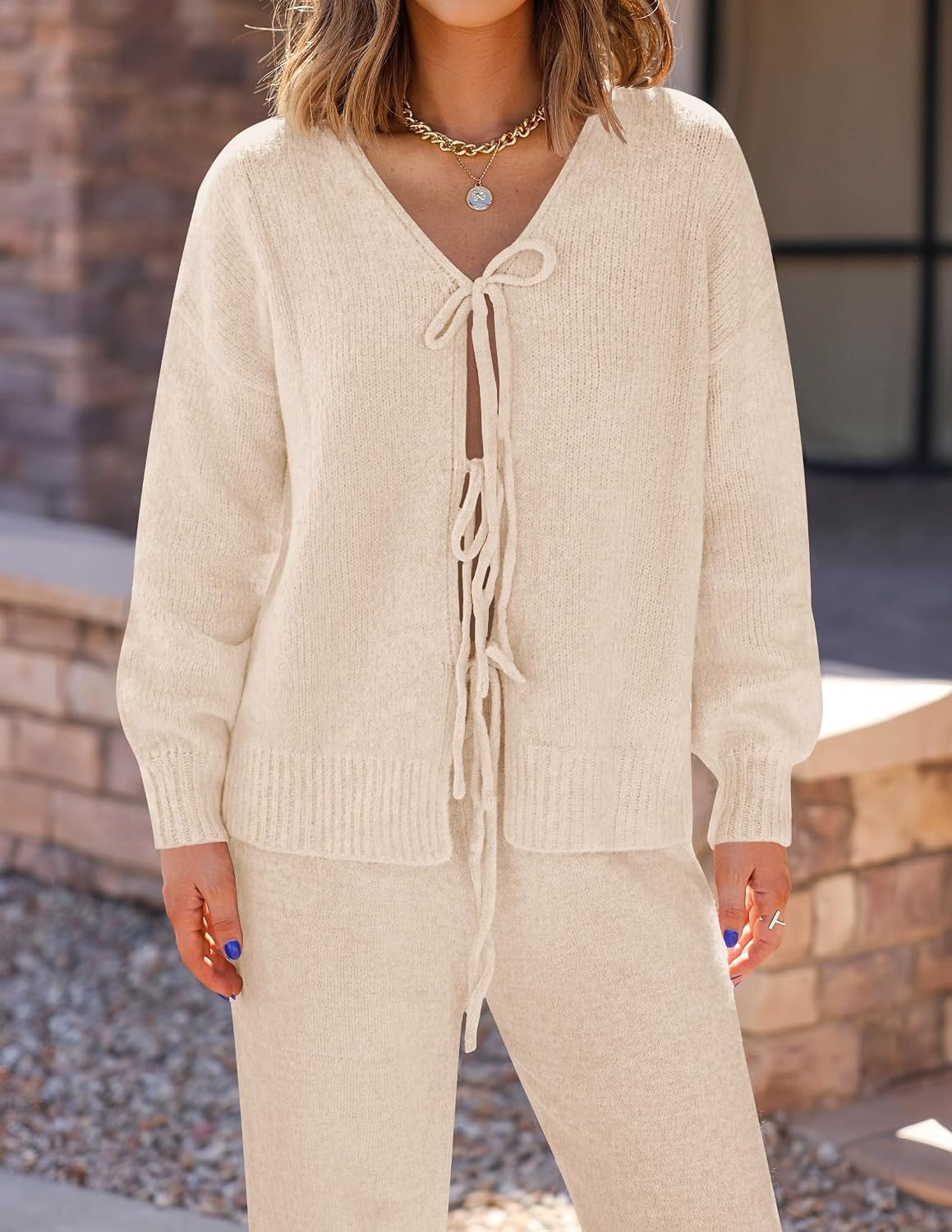 image:imageZESICA Womens 2 Piece Outfits 2026 Fall Lounge Pajama SetsApricot