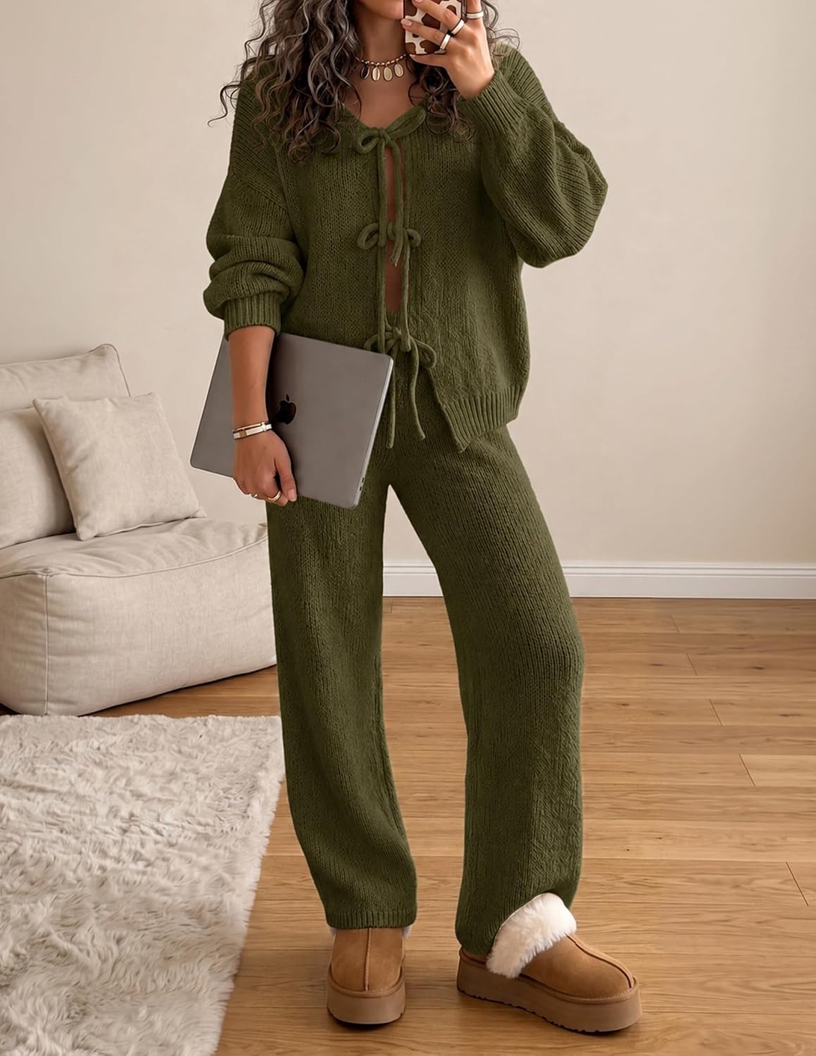 image:imageZESICA Womens 2 Piece Outfits 2026 Fall Lounge Pajama SetsArmygreen