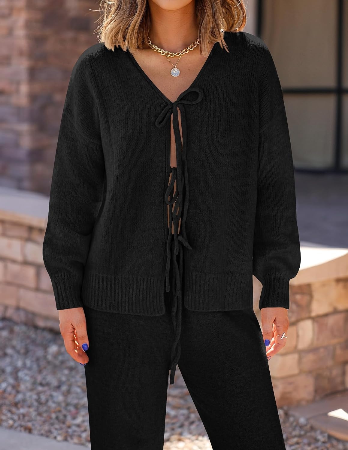 image:imageZESICA Womens 2 Piece Outfits 2026 Fall Lounge Pajama SetsBlack