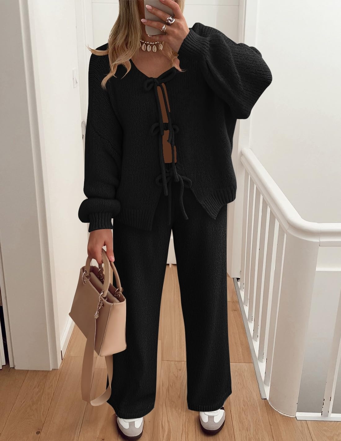 image:imageZESICA Womens 2 Piece Outfits 2026 Fall Lounge Pajama SetsBlack
