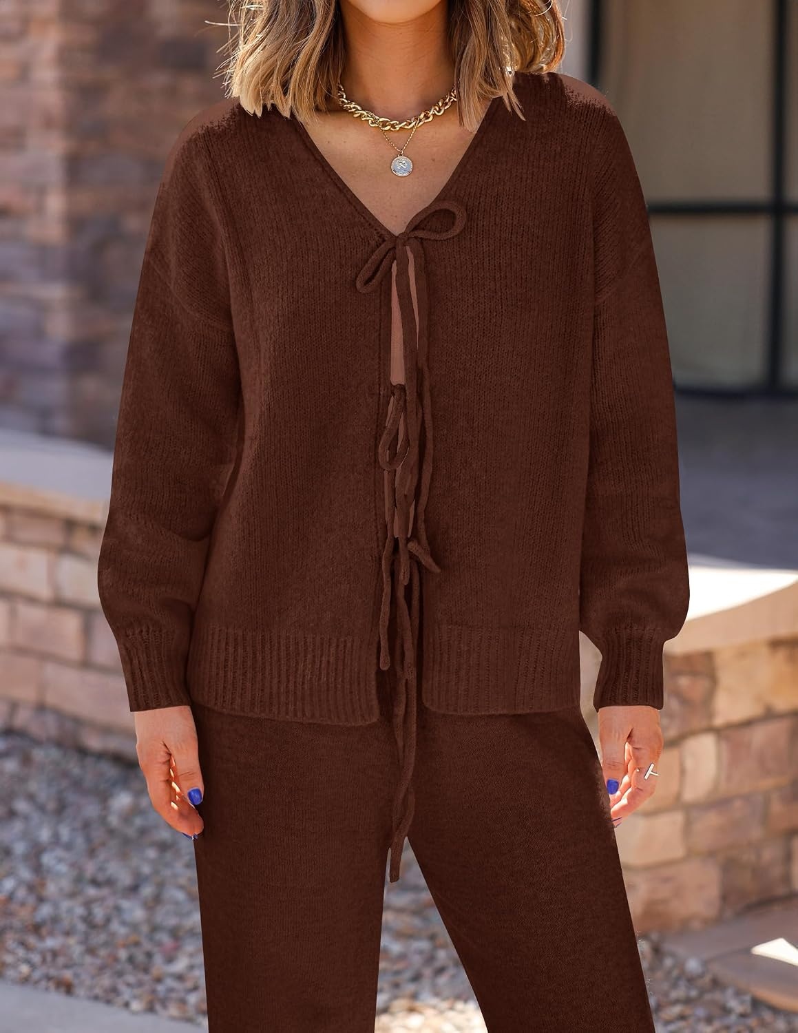 image:imageZESICA Womens 2 Piece Outfits 2026 Fall Lounge Pajama SetsCaramel