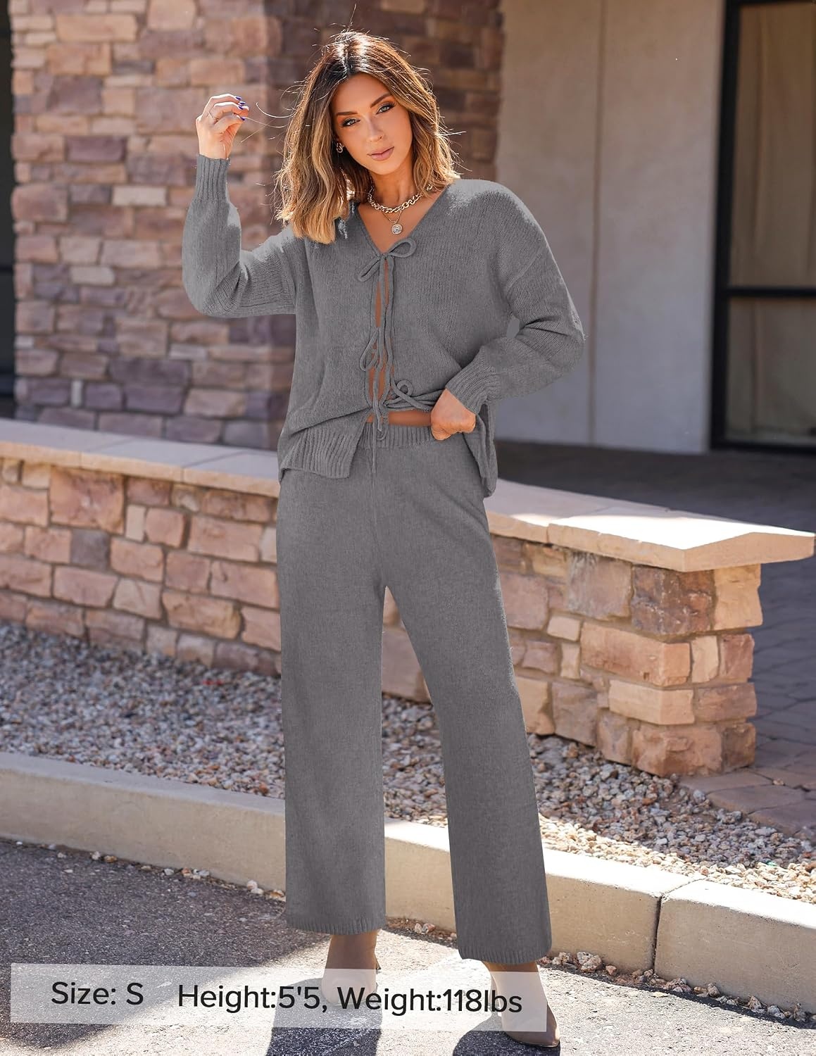 image:imageZESICA Womens 2 Piece Outfits 2026 Fall Lounge Pajama SetsGray