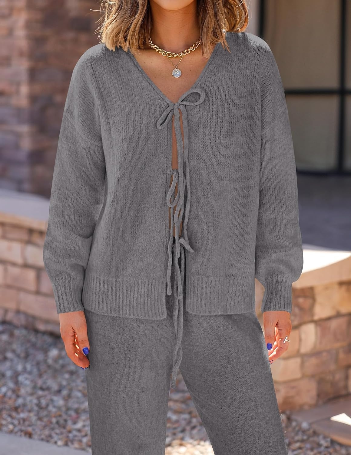 image:imageZESICA Womens 2 Piece Outfits 2026 Fall Lounge Pajama SetsGray