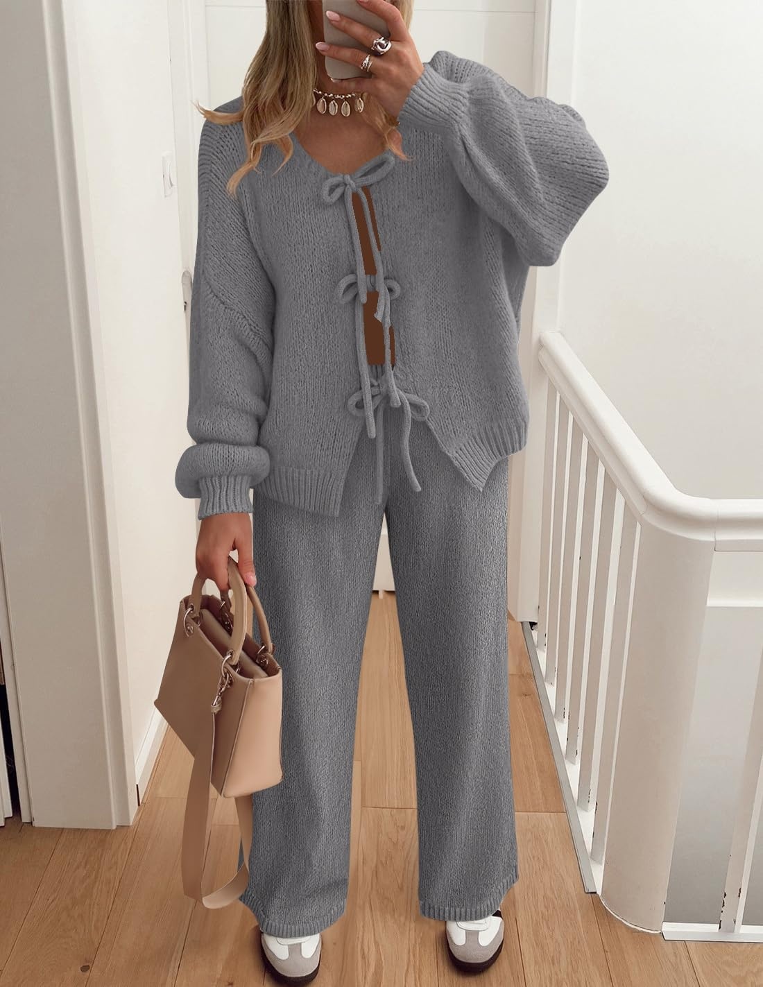 image:imageZESICA Womens 2 Piece Outfits 2026 Fall Lounge Pajama SetsGray