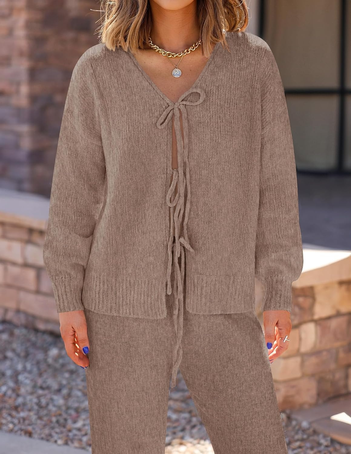 image:imageZESICA Womens 2 Piece Outfits 2026 Fall Lounge Pajama SetsKhaki
