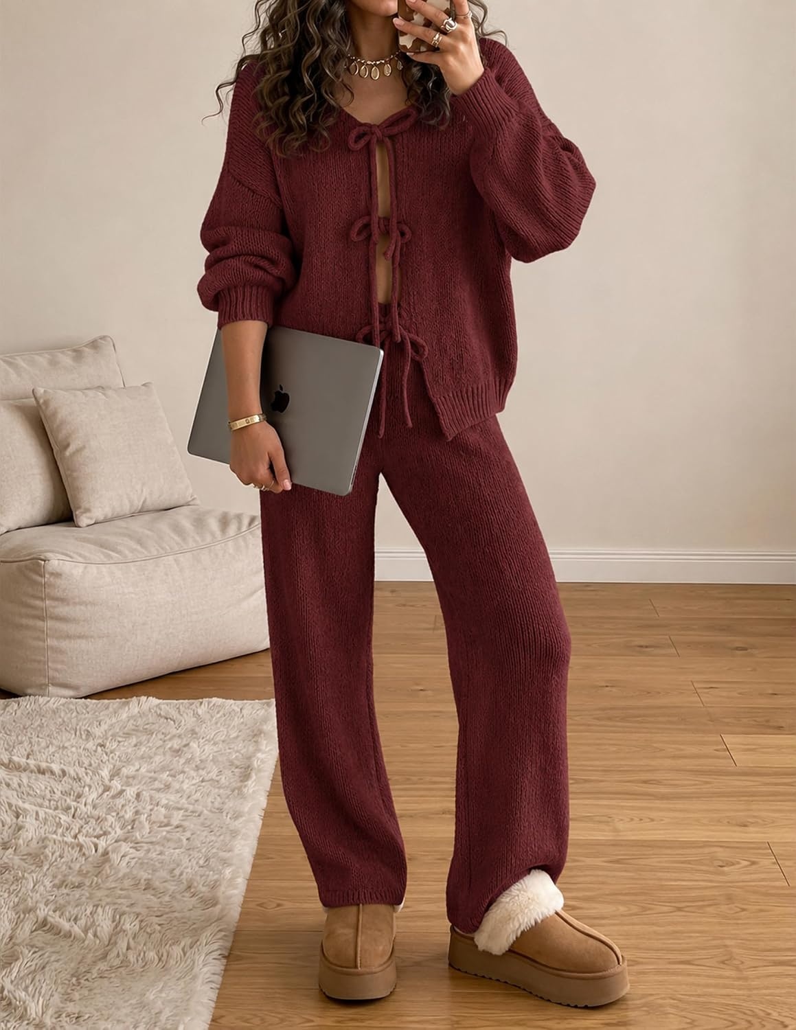 image:imageZESICA Womens 2 Piece Outfits 2026 Fall Lounge Pajama SetsWine