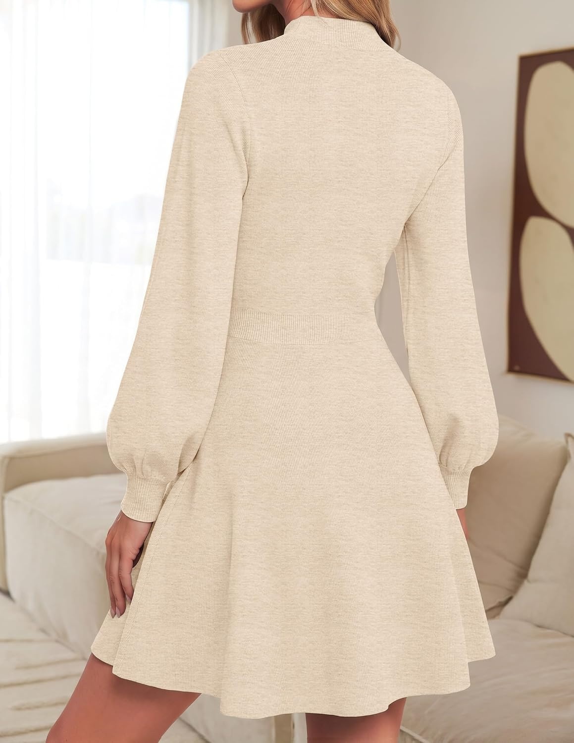 image:imageZESICA Womens Fall Mock Neck Long Lantern Sleeve Sweater Mini DressApricot