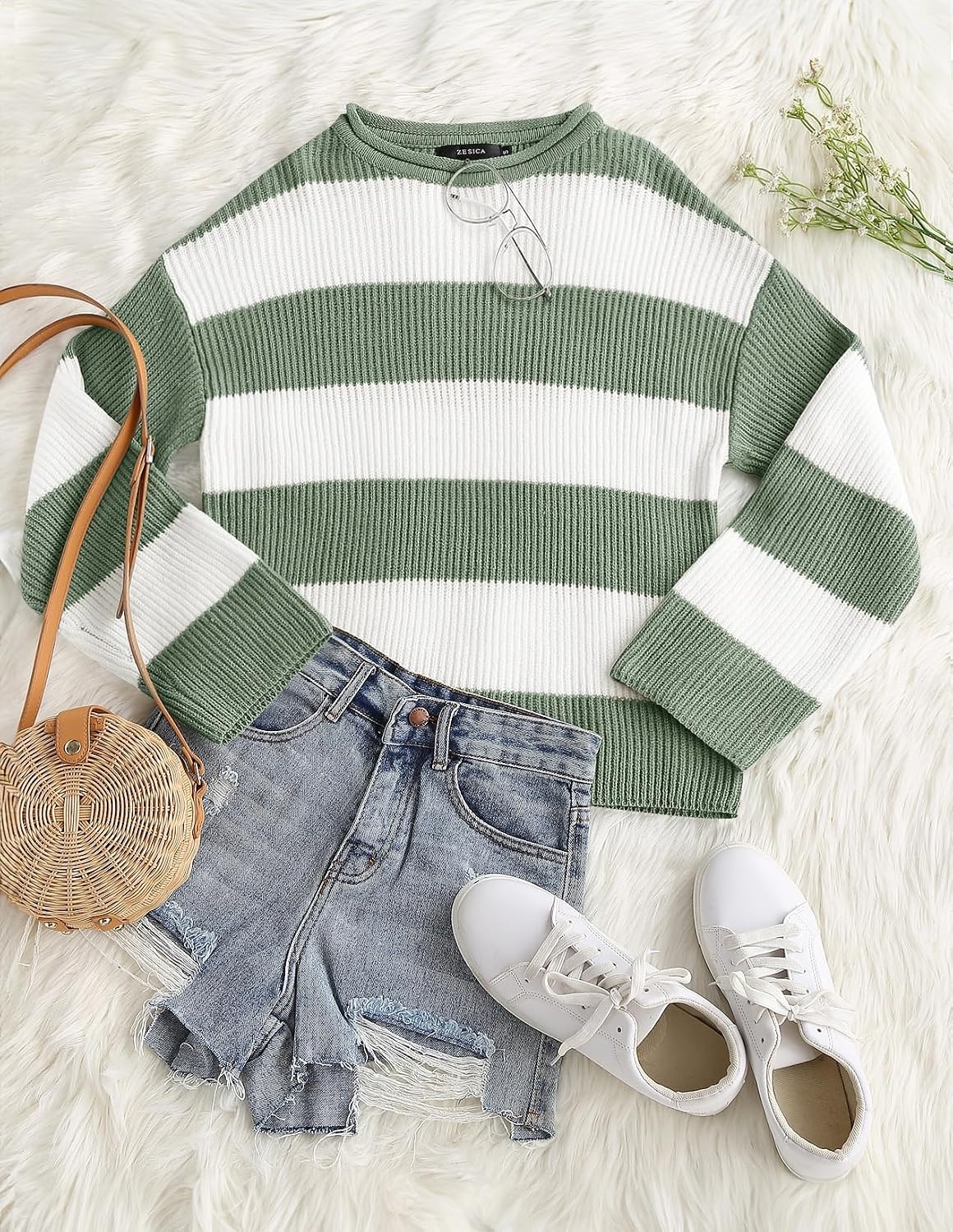 image:imageZESICA Womens Fall Winter Oversized Striped Knit Sweaters Fashion ClothesGreen