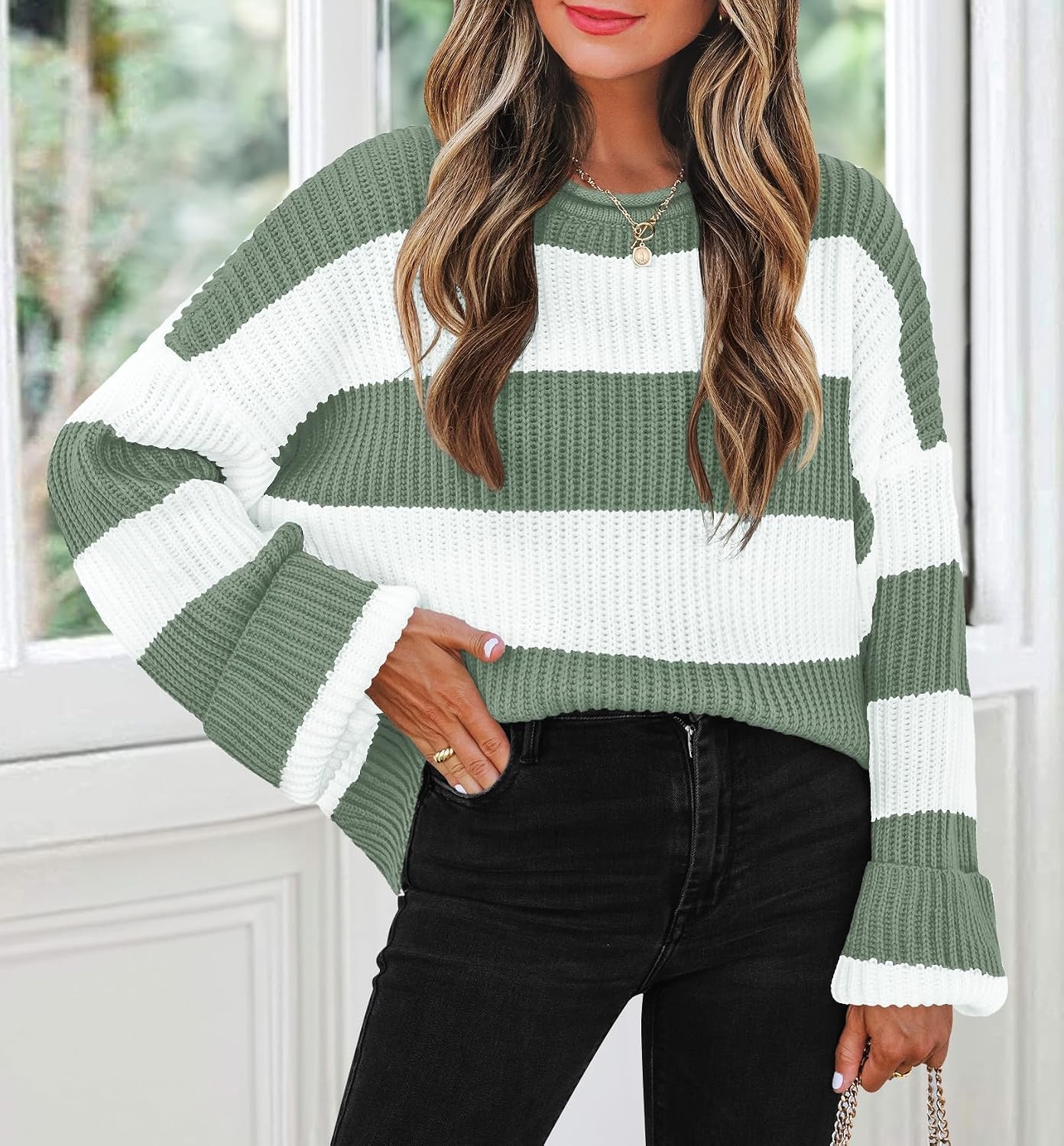 image:imageZESICA Womens Fall Winter Oversized Striped Knit Sweaters Fashion ClothesGreen