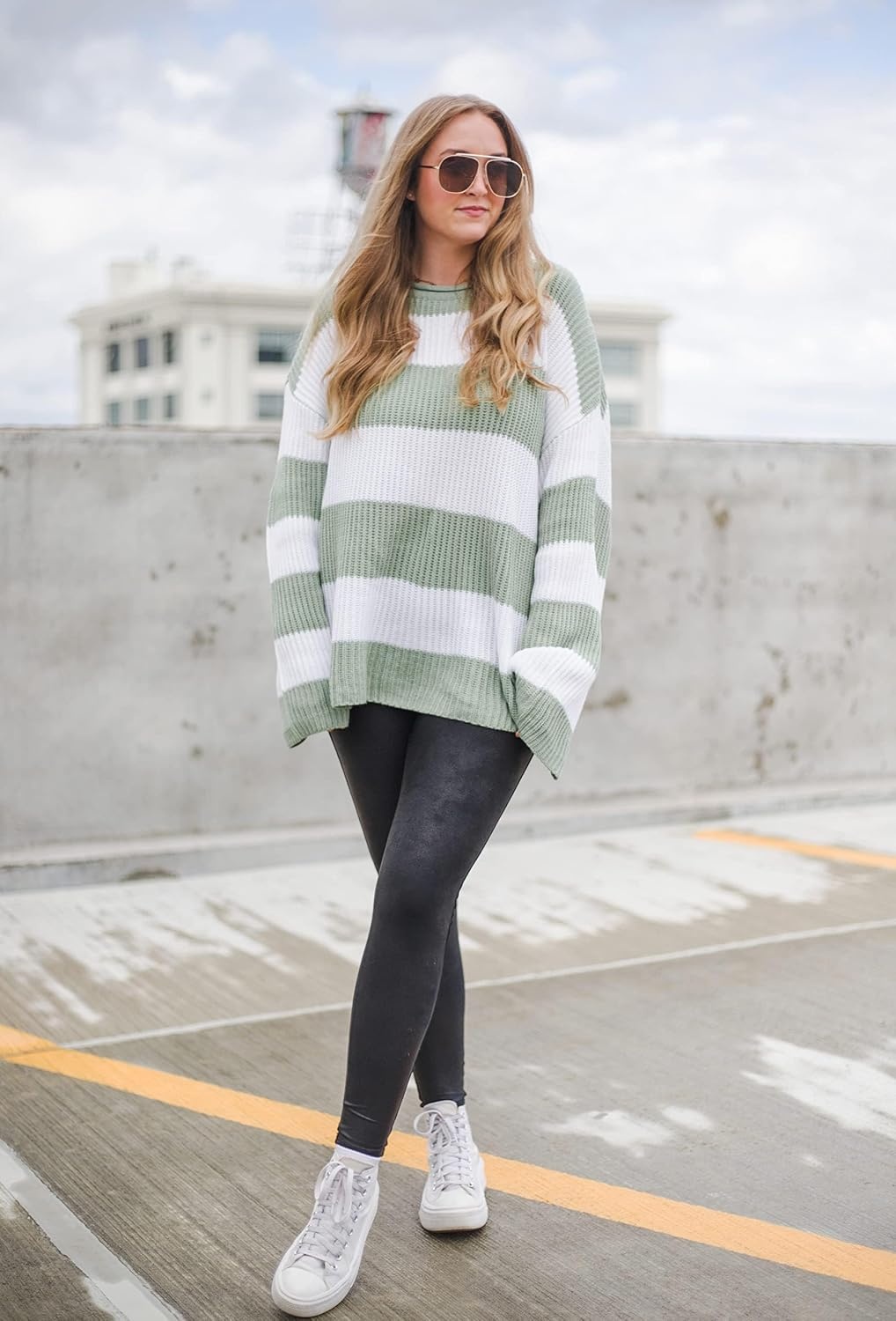 image:imageZESICA Womens Fall Winter Oversized Striped Knit Sweaters Fashion ClothesGreen