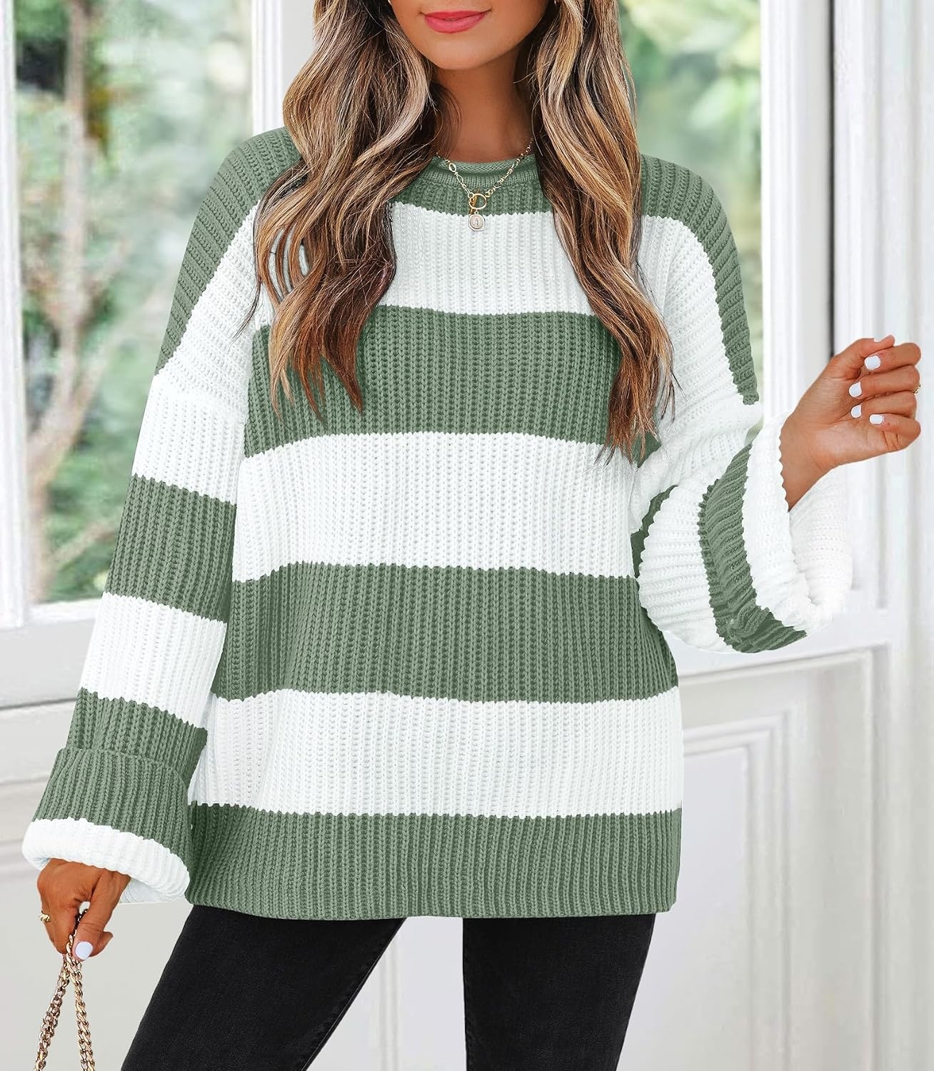 image:imageZESICA Womens Fall Winter Oversized Striped Knit Sweaters Fashion ClothesGreen