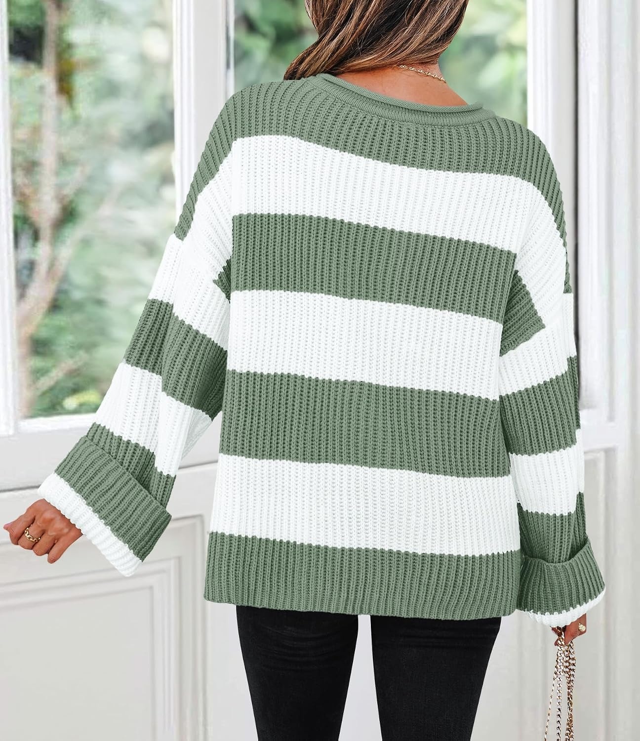 image:imageZESICA Womens Fall Winter Oversized Striped Knit Sweaters Fashion ClothesGreen