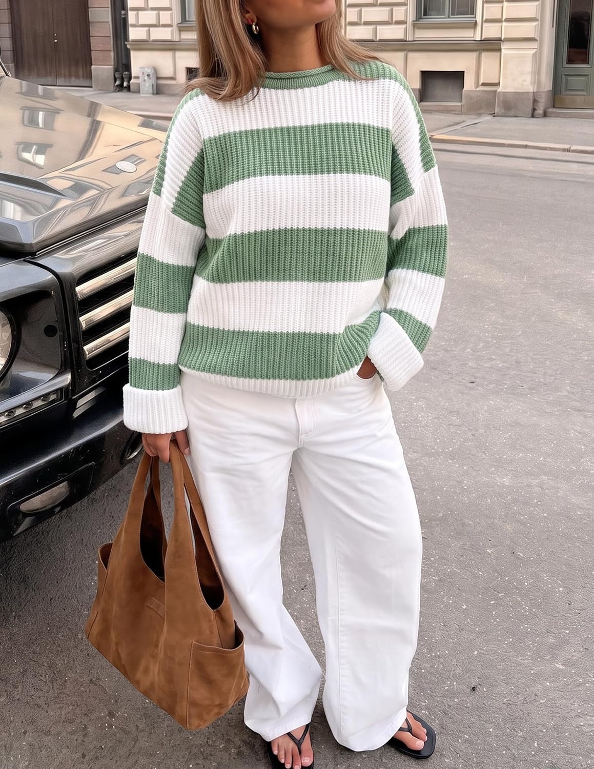 image:imageZESICA Womens Fall Winter Oversized Striped Knit Sweaters Fashion ClothesGreen