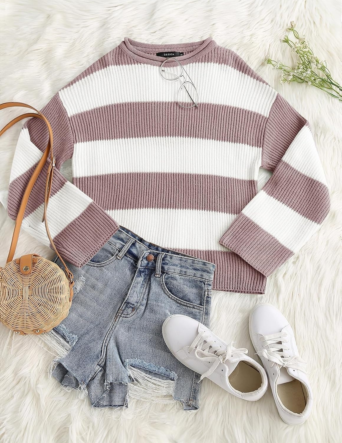 image:imageZESICA Womens Fall Winter Oversized Striped Knit Sweaters Fashion ClothesPink