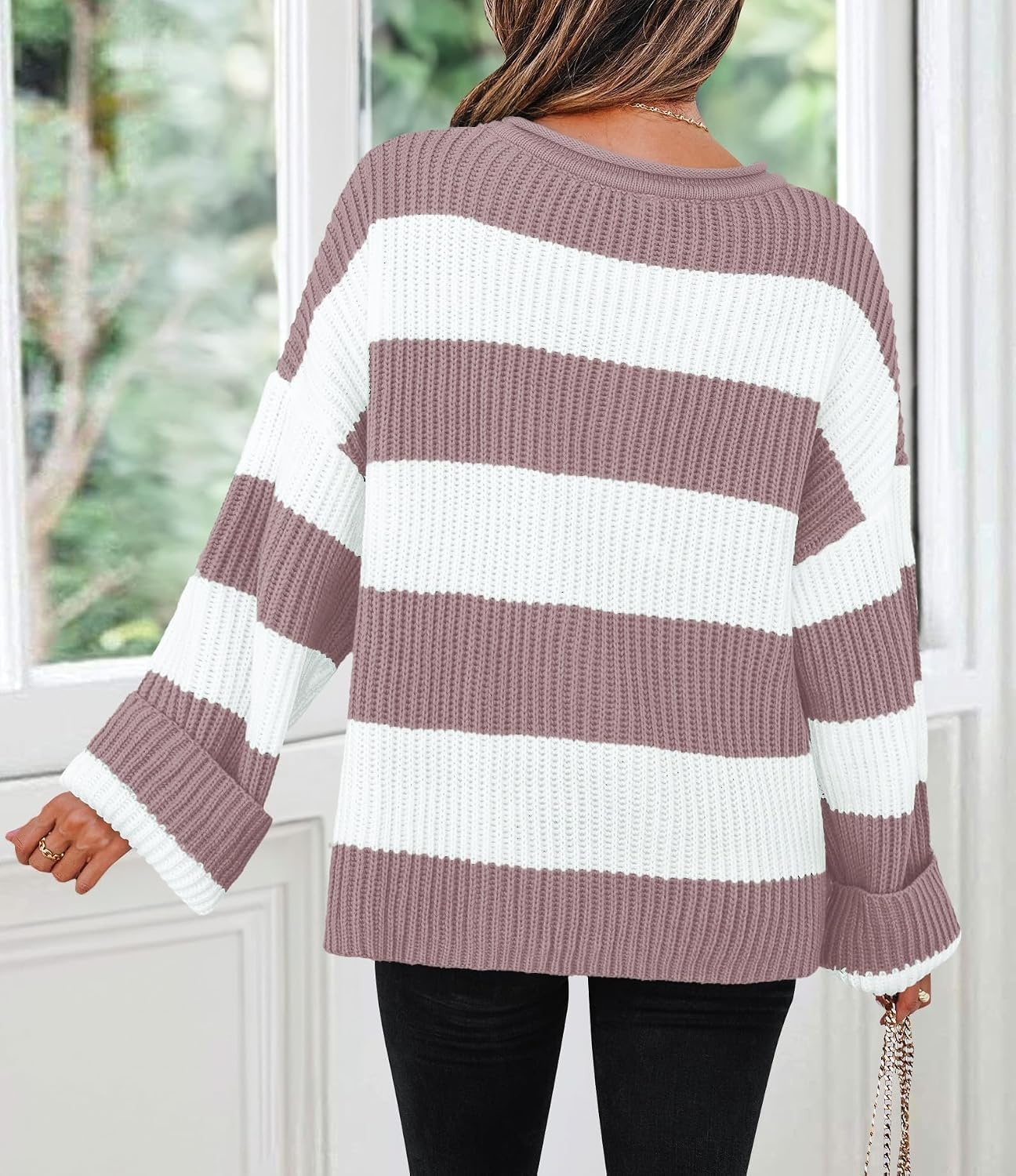 image:imageZESICA Womens Fall Winter Oversized Striped Knit Sweaters Fashion ClothesPink