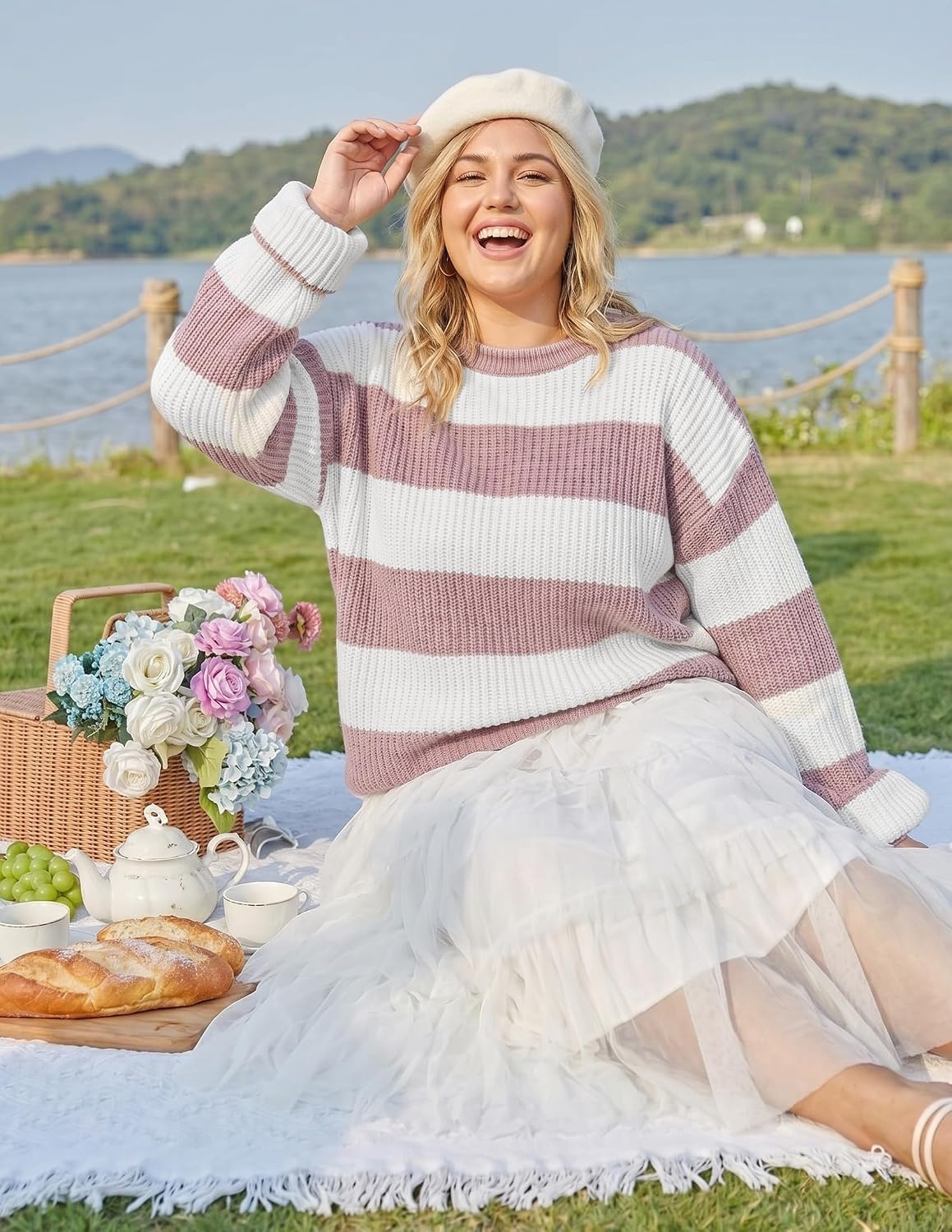 image:imageZESICA Womens Fall Winter Oversized Striped Knit Sweaters Fashion ClothesPink
