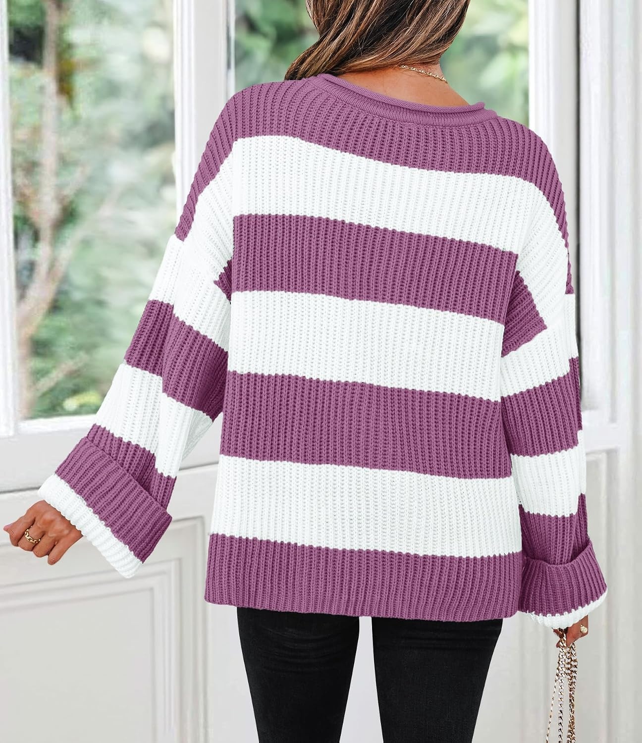 image:imageZESICA Womens Fall Winter Oversized Striped Knit Sweaters Fashion ClothesPurple