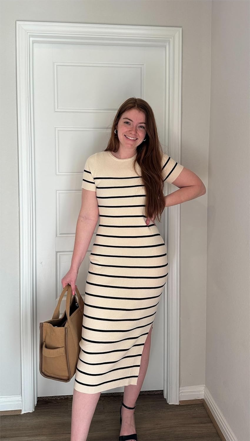 image:imageZESICA Womens Summer Striped Short Sleeve Bodycon Sweater DressApricot