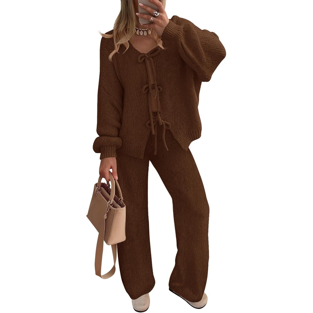 image:imageZESICA Womens 2 Piece Outfits 2026 Fall Lounge Pajama SetsDarkbrown