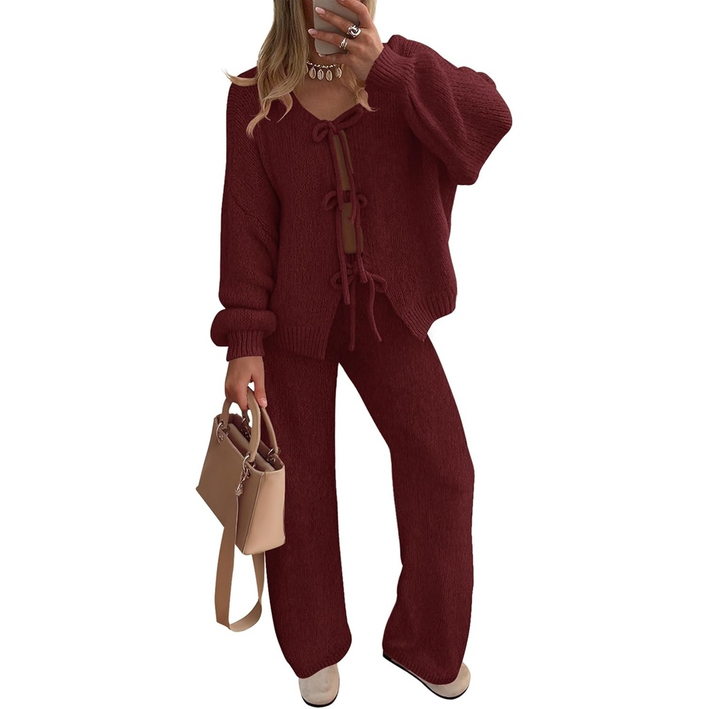 image:imageZESICA Womens 2 Piece Outfits 2026 Fall Lounge Pajama SetsWine
