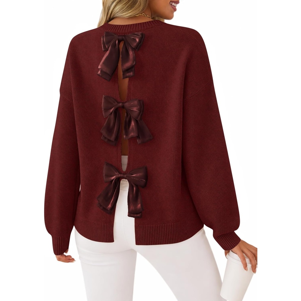 image:imageZESICA Womens Fall Bow Knot Oversized Sweaters Trendy Pullover TopsBurgundy