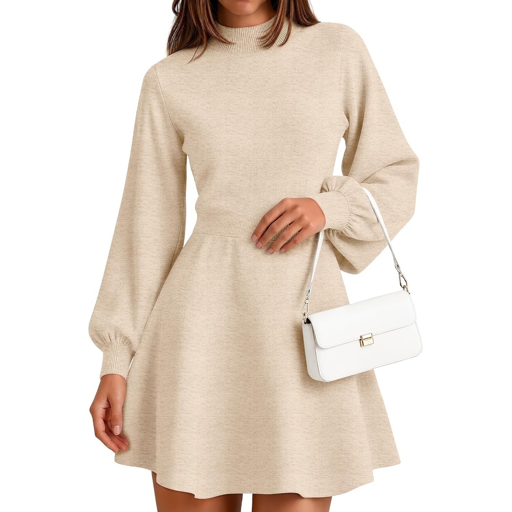 image:imageZESICA Womens Fall Mock Neck Long Lantern Sleeve Sweater Mini DressApricot