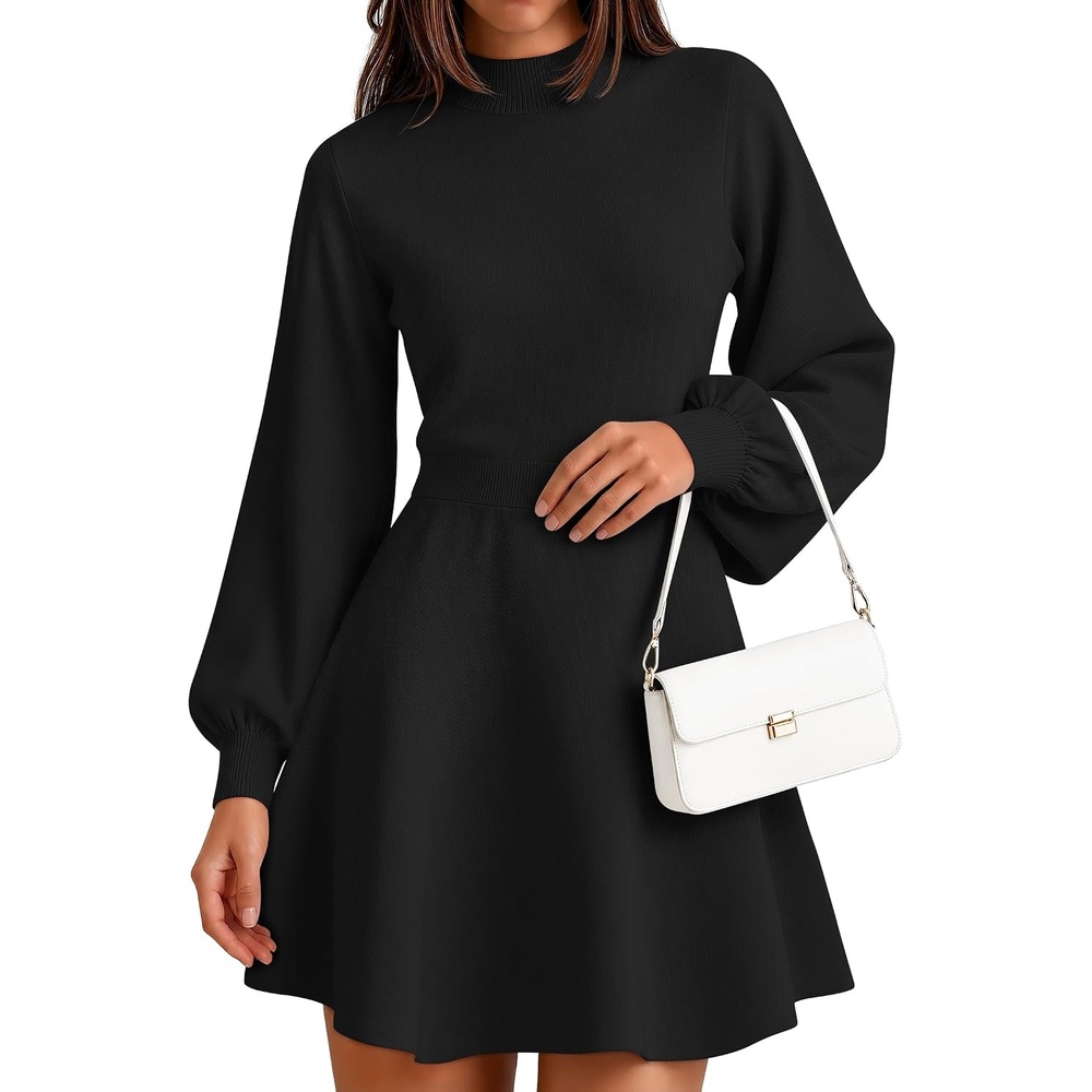image:imageZESICA Womens Fall Mock Neck Long Lantern Sleeve Sweater Mini DressBlack