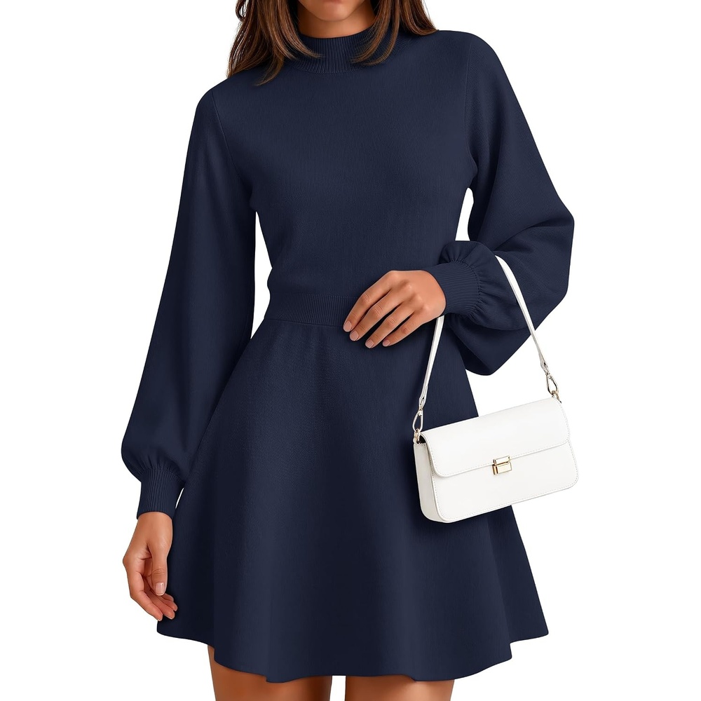 image:imageZESICA Womens Fall Mock Neck Long Lantern Sleeve Sweater Mini DressNavy