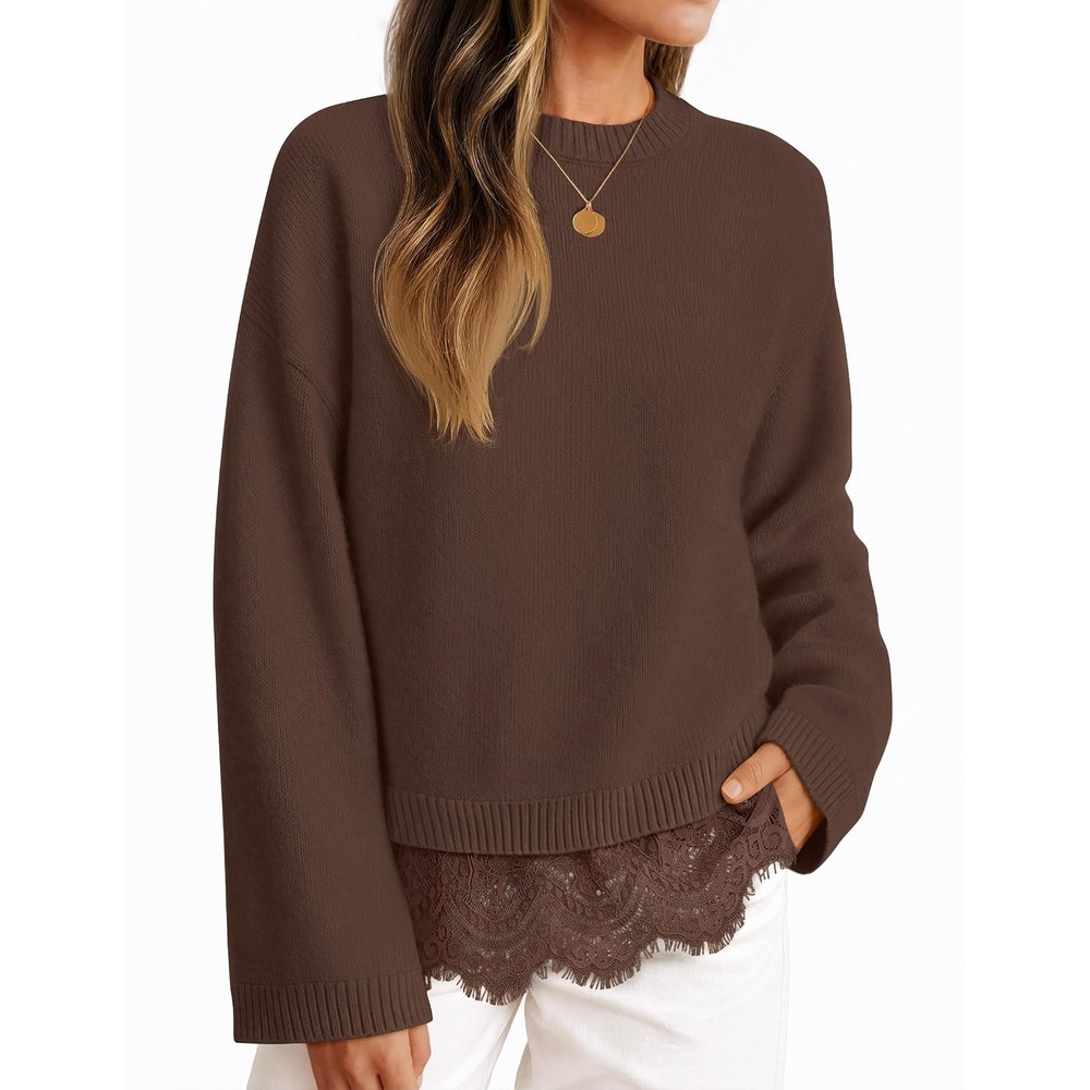 image:imageZESICA Womens Fall Winter Sweaters 2026 Lace Trim Pullover TopsBrown