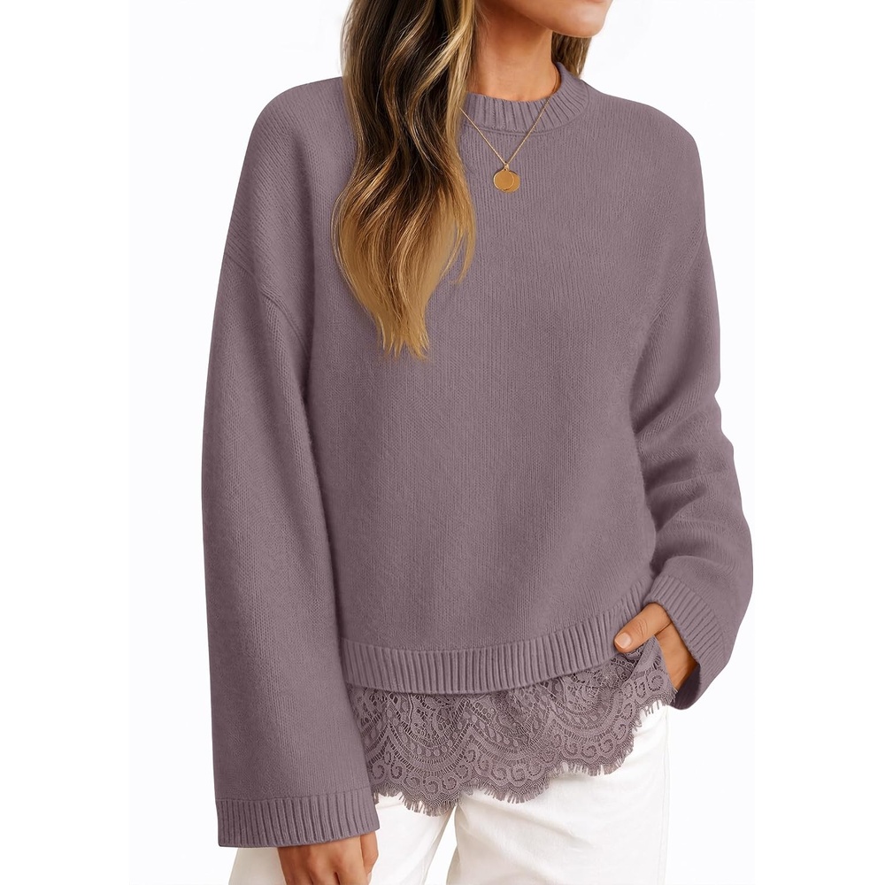 image:imageZESICA Womens Fall Winter Sweaters 2026 Lace Trim Pullover TopsDusty Purple