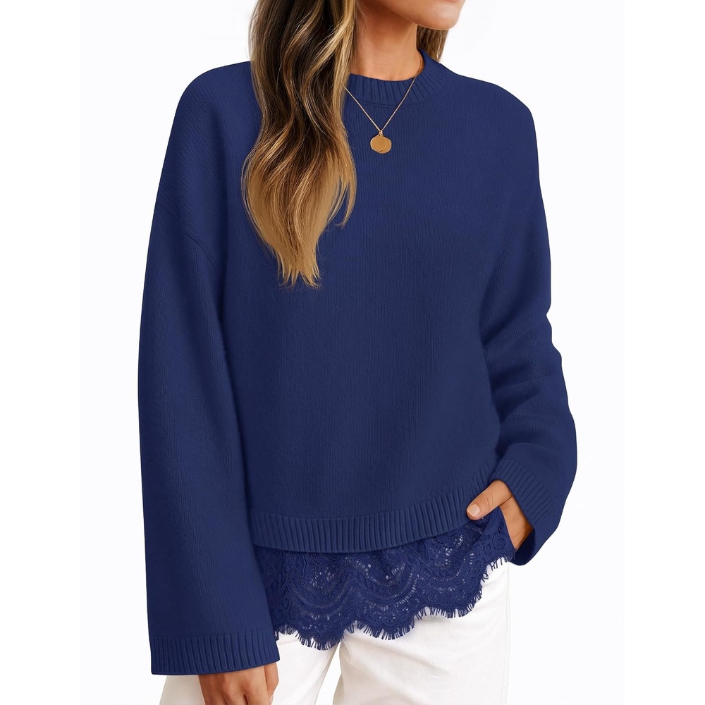 image:imageZESICA Womens Fall Winter Sweaters 2026 Lace Trim Pullover TopsNavy