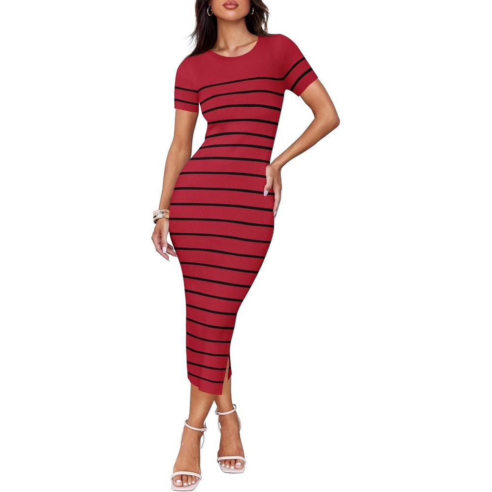 image:imageZESICA Womens Summer Striped Short Sleeve Bodycon Sweater DressWine