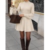 ZESICA Womens Fall Mock Neck Long Lantern Sleeve Sweater Mini Dress(Apricot)