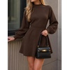 ZESICA Womens Fall Mock Neck Long Lantern Sleeve Sweater Mini Dress(Brown)