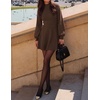 ZESICA Womens Fall Mock Neck Long Lantern Sleeve Sweater Mini Dress(Brown)