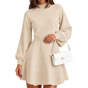 ZESICA Womens Fall Mock Neck Long Lantern Sleeve Sweater Mini Dress(Apricot)