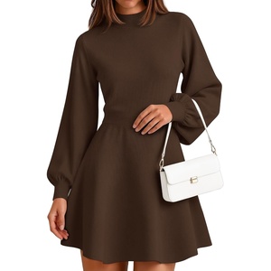 ZESICA Womens Fall Mock Neck Long Lantern Sleeve Sweater Mini Dress(Brown)